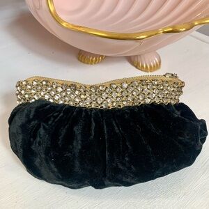 Antique Black Velvet Evening Clutch Pouch with Rhinestones 1920s 1930s Vintage